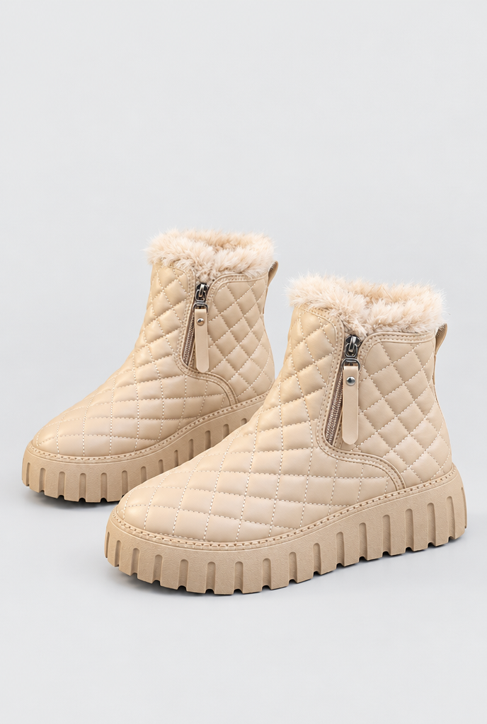 Bottines plateformes matelassées zippées doublées peluche — Sable — packshot