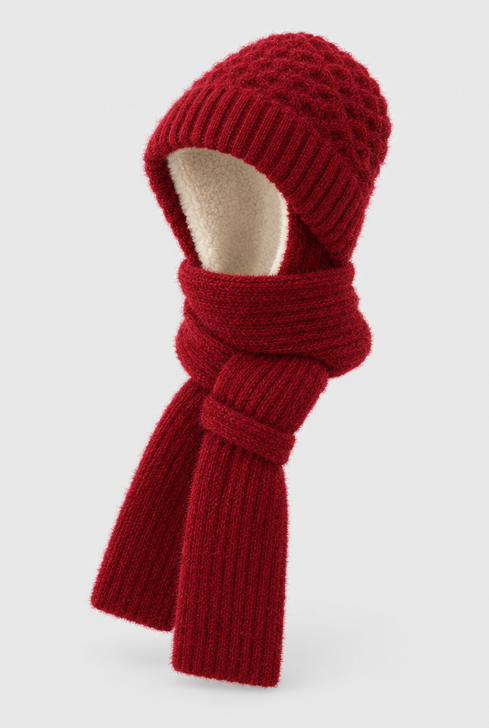 Bonnet capuche doublé polaire avec écharpe intégrée — Lie-de-vin — packshot