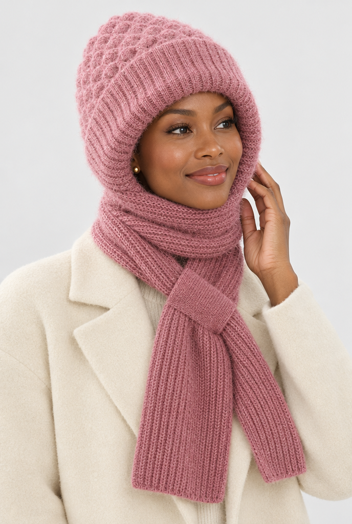 Bonnet capuche doublé polaire avec écharpe intégrée — Rose ancien — portée
