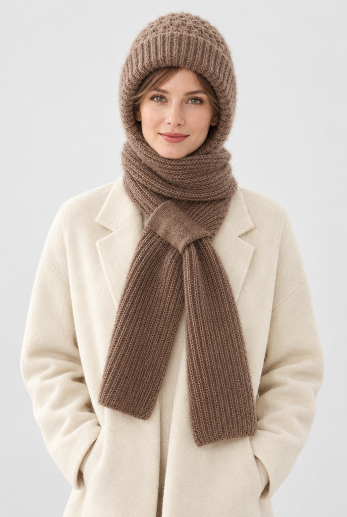 Bonnet capuche doublé polaire avec écharpe intégrée — Moka — portée, plan large