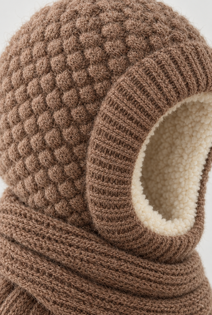 Bonnet capuche doublé polaire avec écharpe intégrée — Moka — gros plan matière