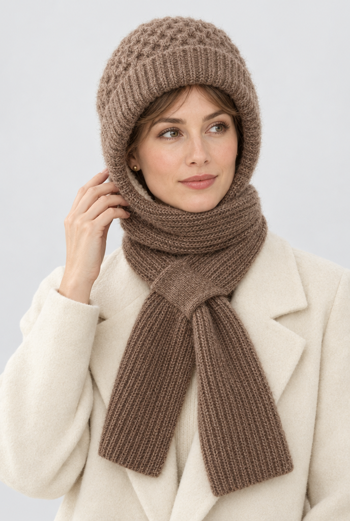 Bonnet capuche doublé polaire avec écharpe intégrée — Moka — portée