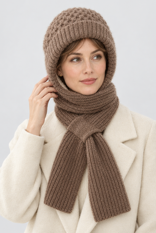 Fleece-Lined Knit Hooded Hat and Scarf
