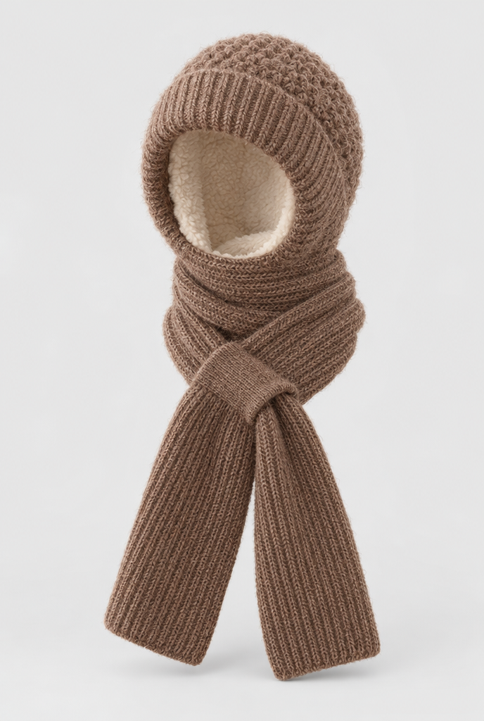 Bonnet capuche doublé polaire avec écharpe intégrée — Moka — packshot
