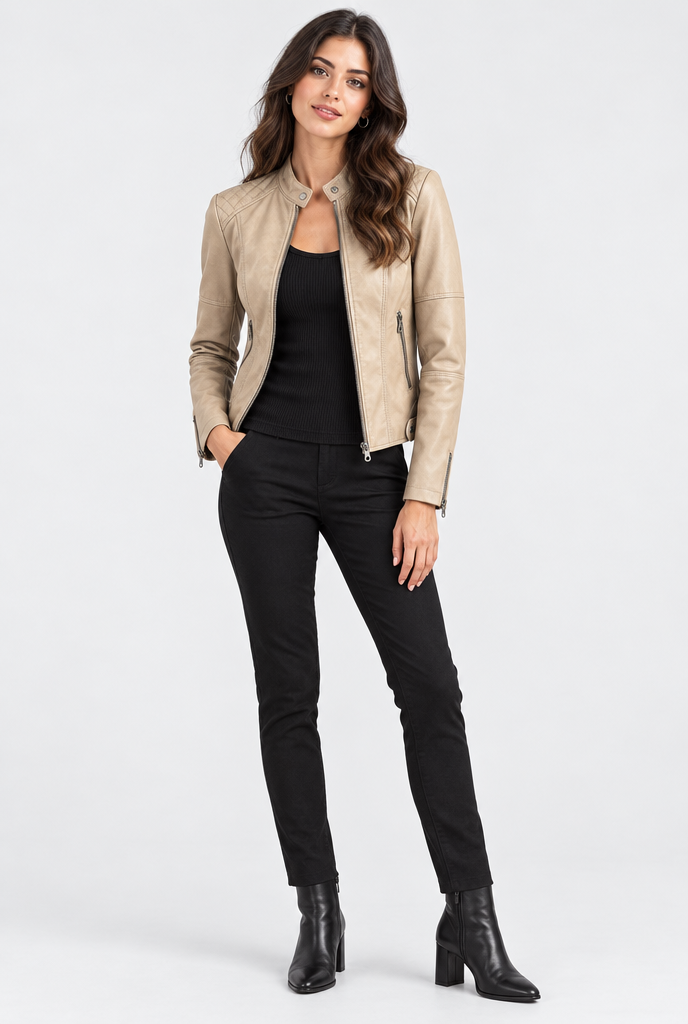 Blouson motard zippé col montant en simili cuir — Sable — silhouette complète