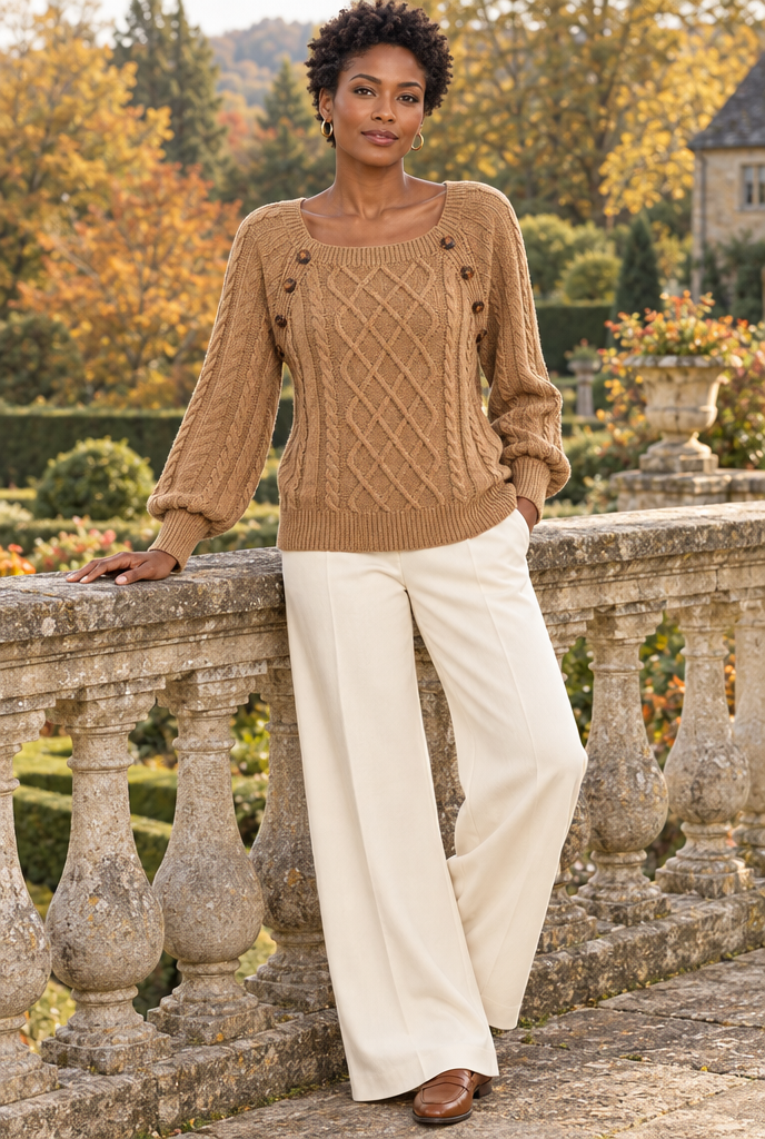 Pull torsadé col carré à boutons — Camel — en situation