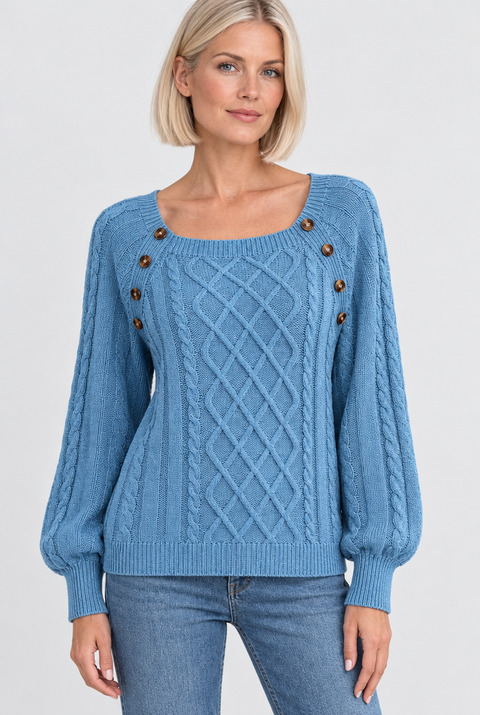 Pull torsadé col carré à boutons — Bleu ciel — photo studio