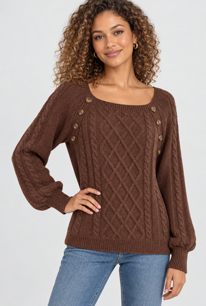 Pull torsadé col carré à boutons — Chocolat — photo studio