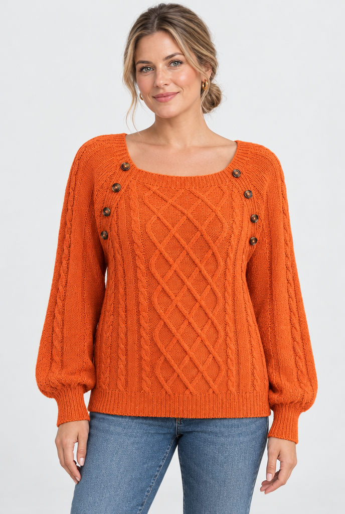 Pull torsadé col carré à boutons — Citrouille — photo studio