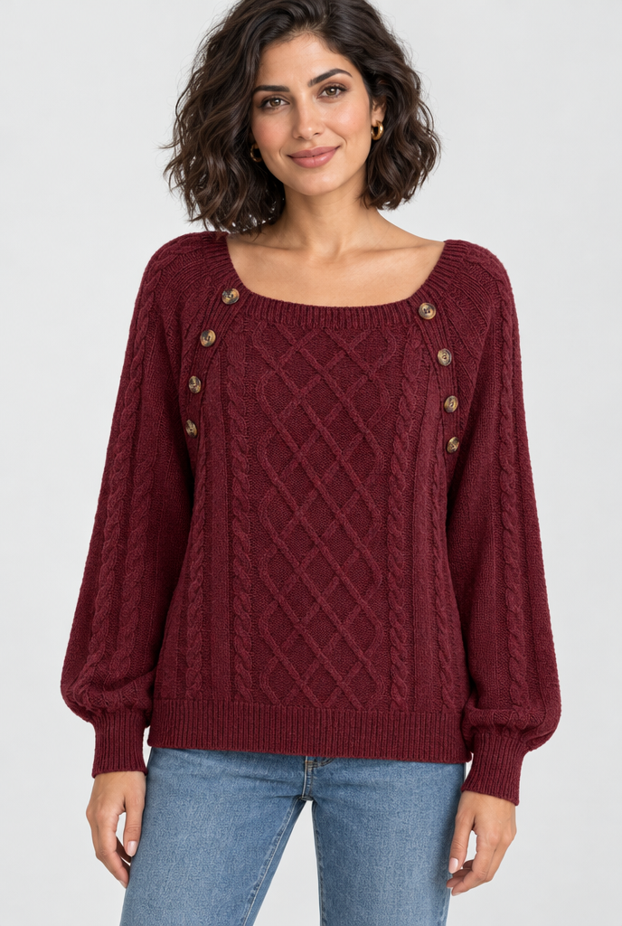 Pull torsadé col carré à boutons — Bordeaux — photo studio
