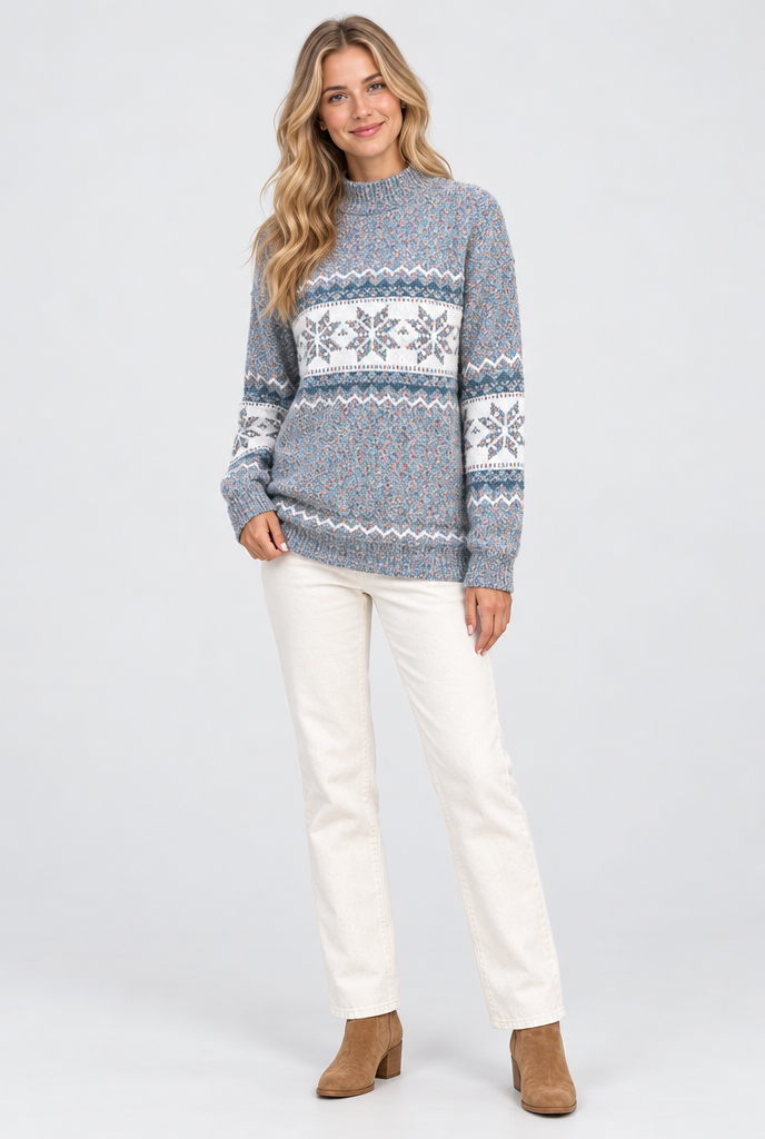 Pull col cheminée en jacquard flocons de neige — Gris chiné clair — silhouette complète