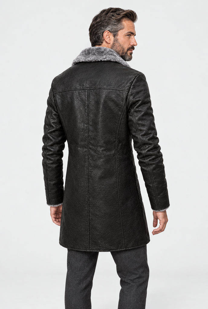 Manteau long en simili cuir à col peluche — Noir — vue de dos