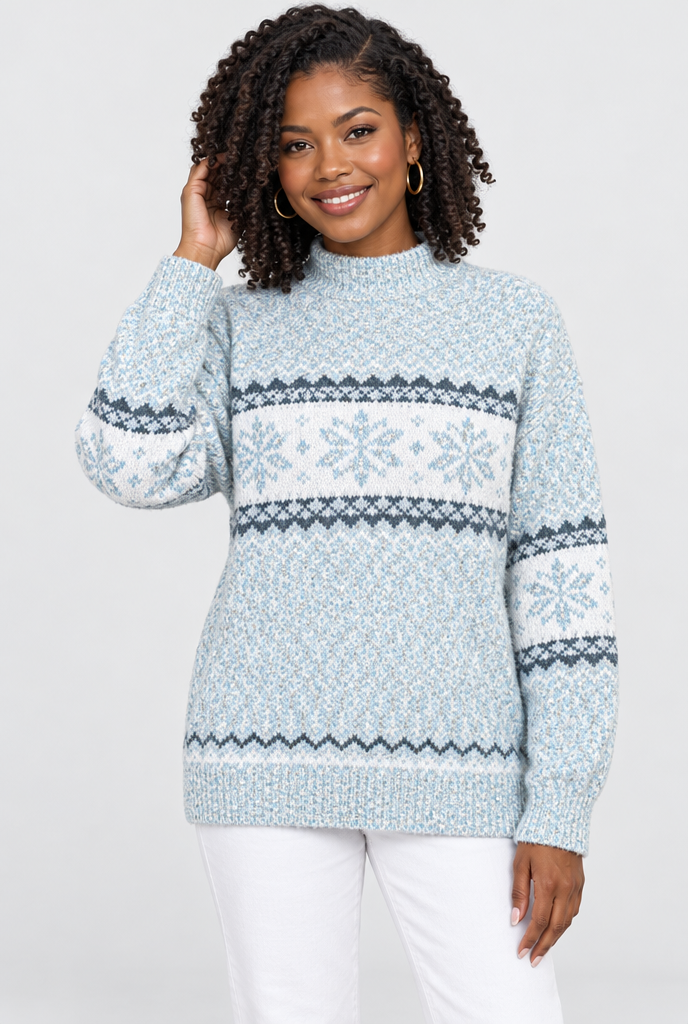 Pull col cheminée en jacquard flocons de neige — Bleu glacier — studio