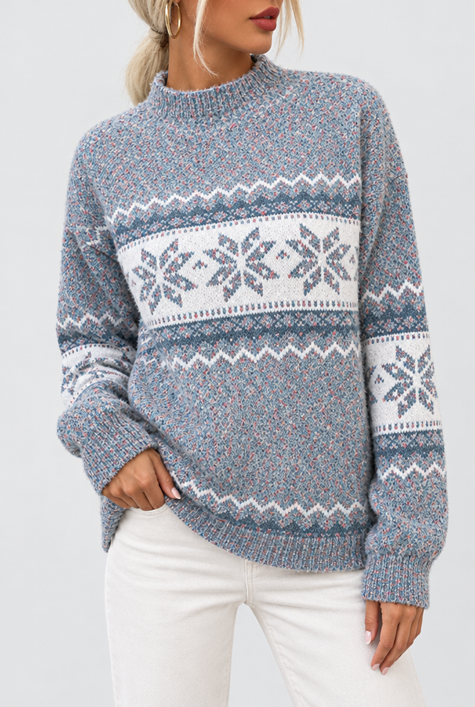 Pull col cheminée en jacquard flocons de neige — Gris chiné clair — détail