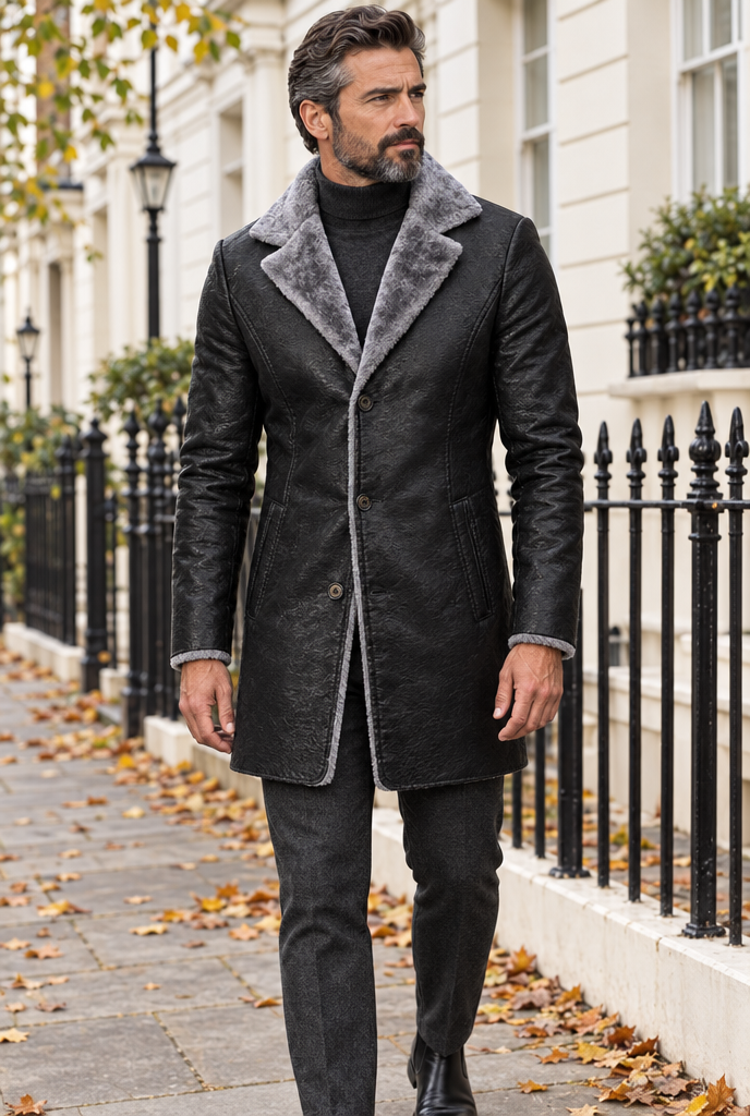 Manteau long en simili cuir à col peluche — Noir — en situation