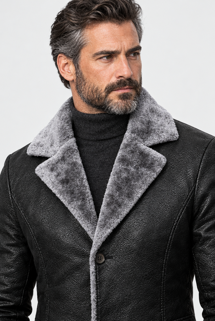 Manteau long en simili cuir à col peluche — Noir — détail du col