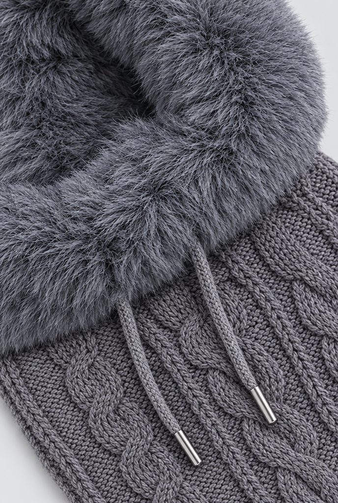 Capuche en maille bordée de fausse fourrure et tour de cou — Gris ardoise — gros plan matière