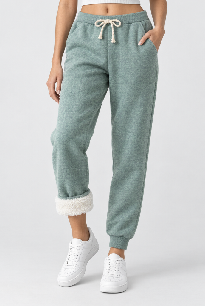 Jogging doublé sherpa à cordon — Sauge — détail