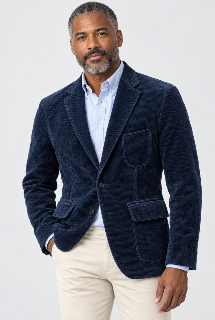 Navy corduroy sport blazer, studio hero