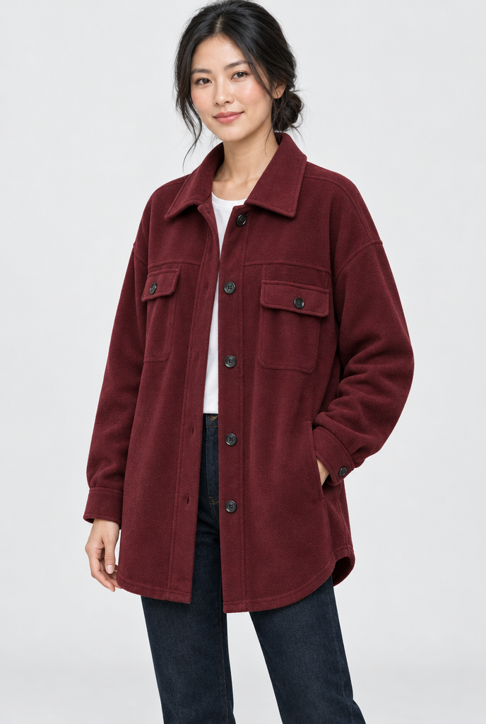 Surchemise oversize en polaire boutonnée — Bordeaux — photo studio