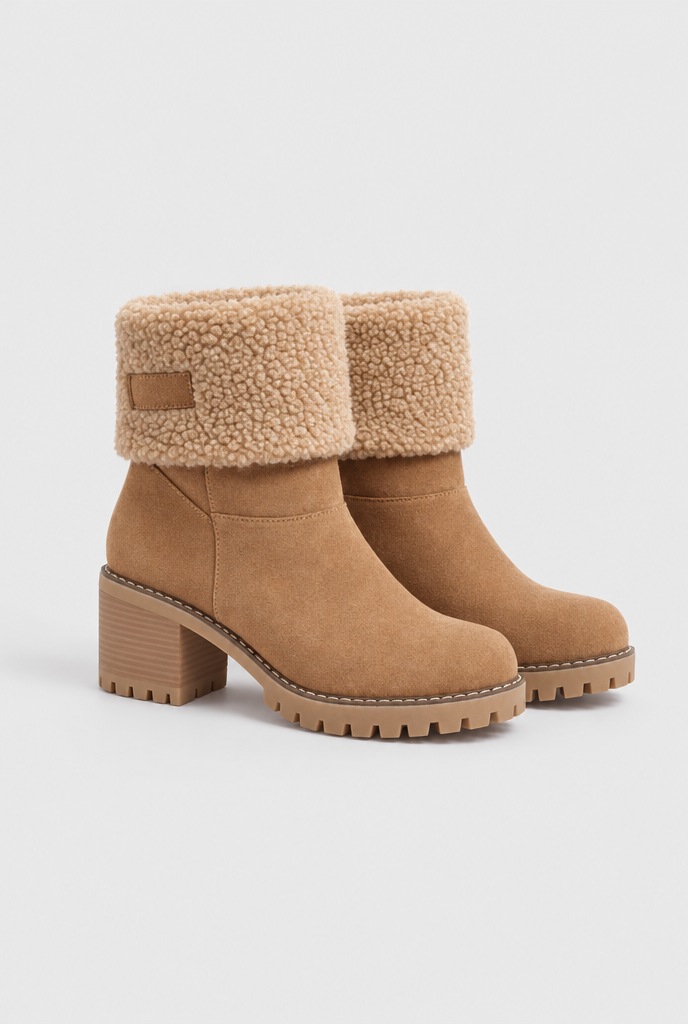 Bottines à talon bloc et revers façon sherpa — Camel — packshot