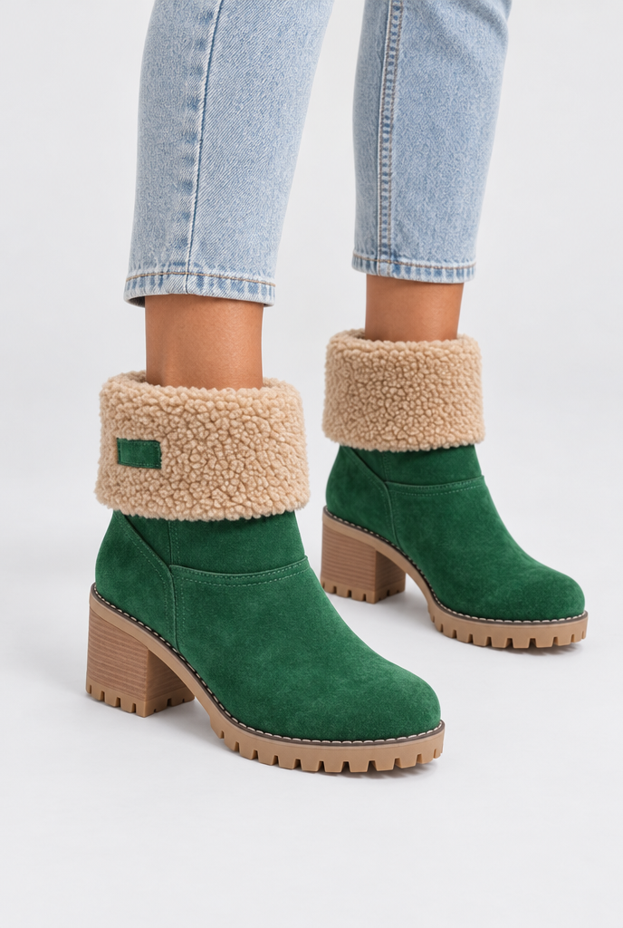Bottines à talon bloc et revers façon sherpa — Vert forêt