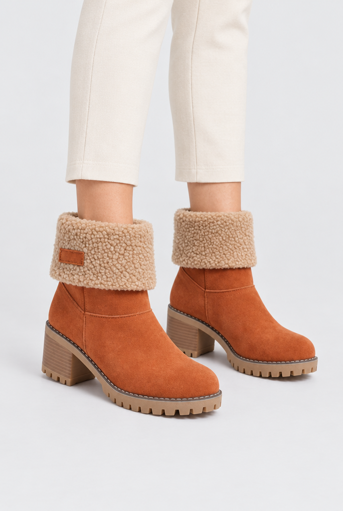 Bottines à talon bloc et revers façon sherpa — Rouille
