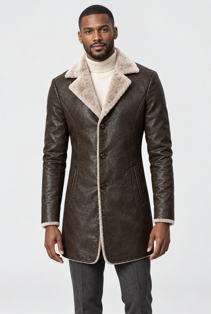 Manteau long en simili cuir à col peluche — Marron foncé — photo studio