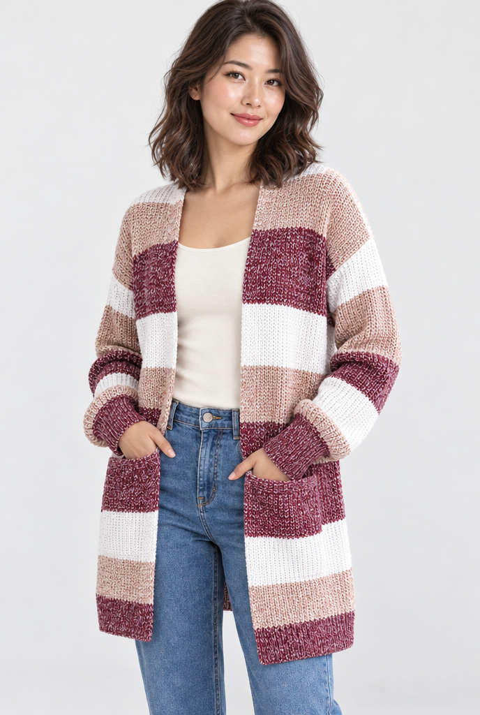 Gilet ouvert en maille à larges rayures colorées — Rayé baie — photo studio