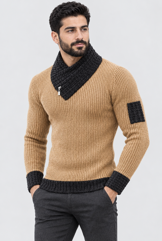 Camel Scarf-Collar Ribbed Knit Sweater, studio hero