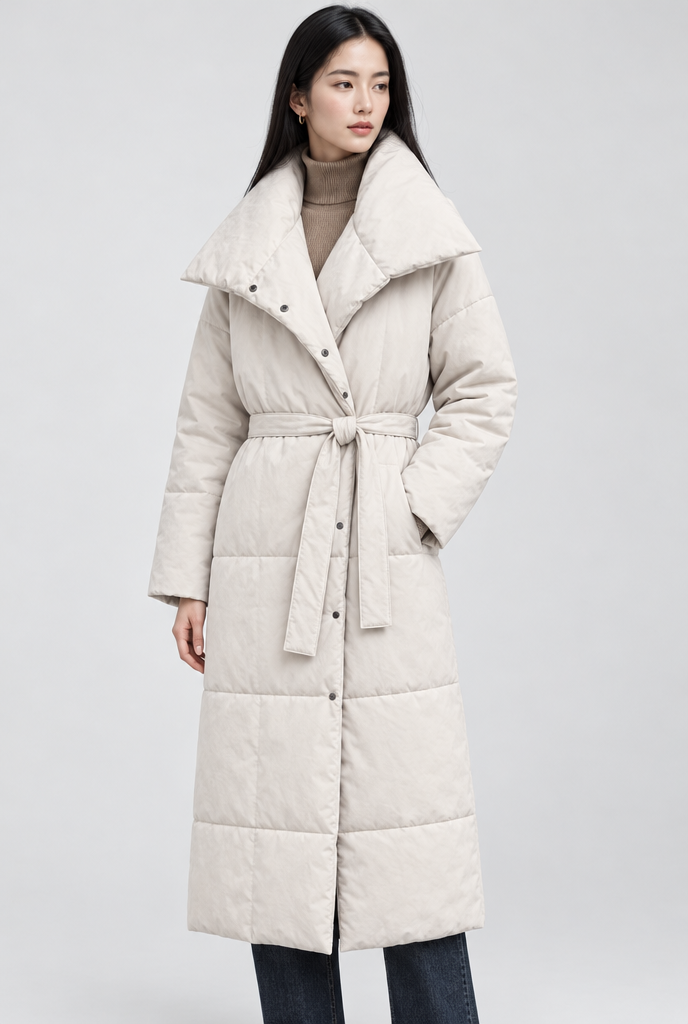 Oversized Shawl-Collar Belted Long Puffer Coat