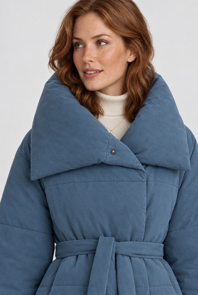 Doudoune longue oversize ceinturée à col châle — Bleu denim — col