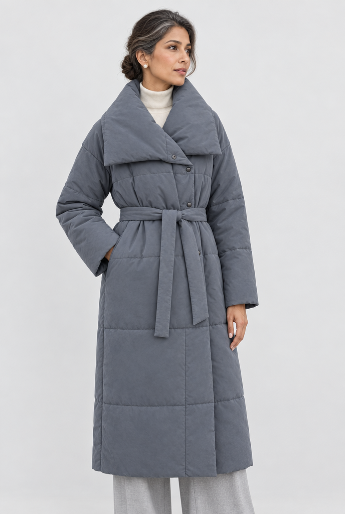 Doudoune longue oversize ceinturée à col châle — Gris ardoise — photo principale