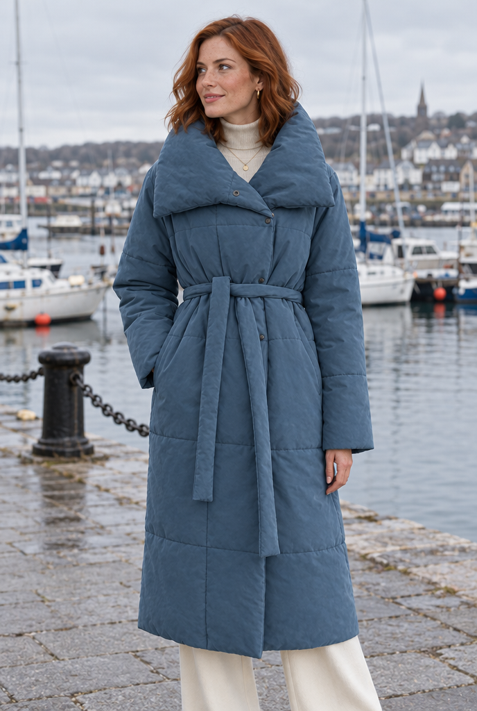 Doudoune longue oversize ceinturée à col châle — Bleu denim — en situation