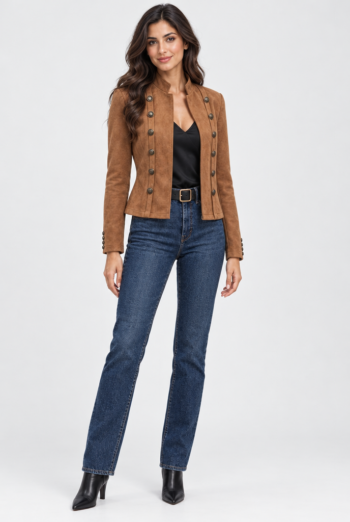 Veste courte militaire en suédine à boutons — Cognac — silhouette complète