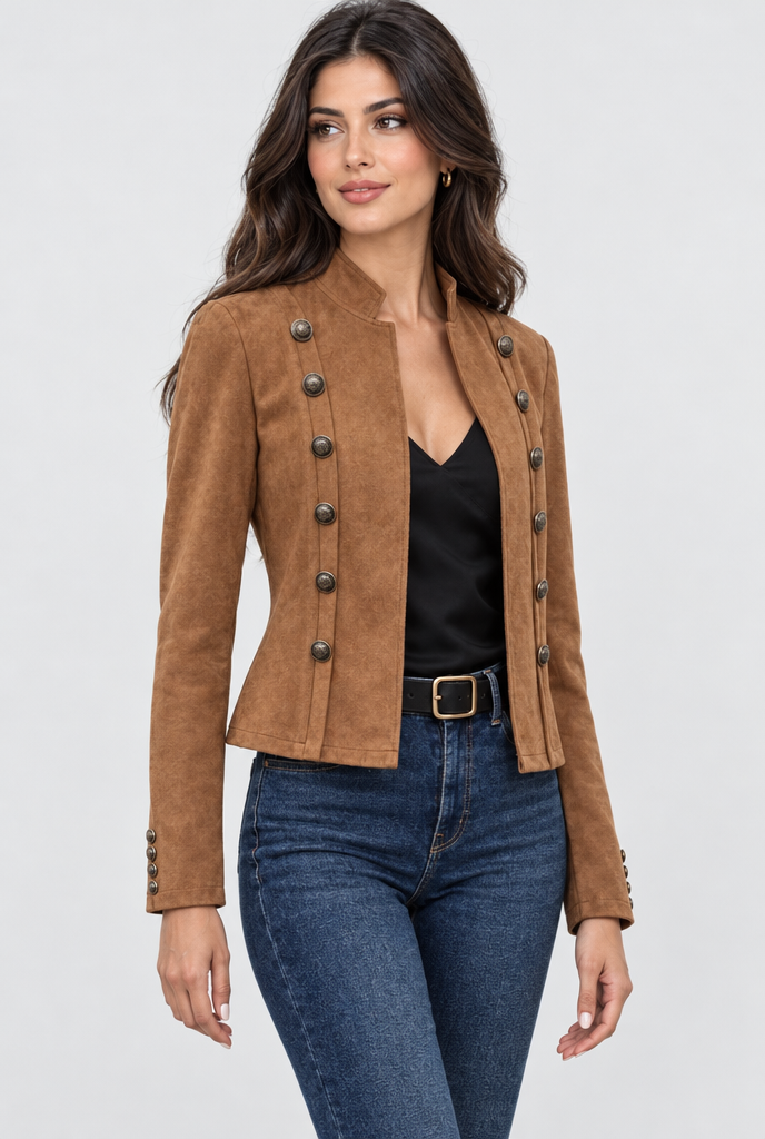 Veste courte militaire en suédine à boutons — Cognac — photo studio