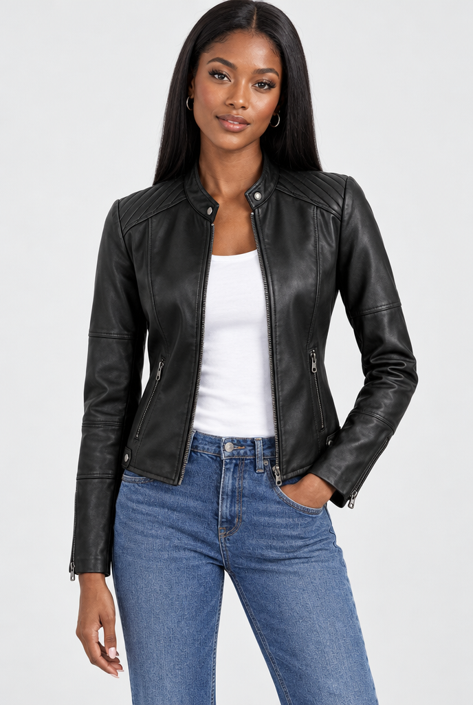 Blouson motard zippé col montant en simili cuir — Noir — photo studio
