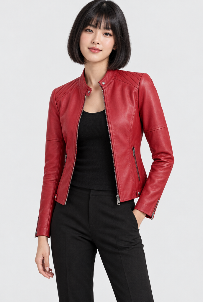 Blouson motard zippé col montant en simili cuir — Rouge cerise — photo studio