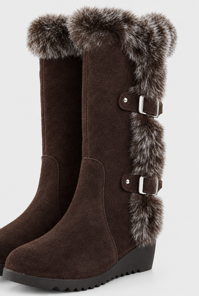 Bottes de neige compensées à boucles et fausse fourrure — Marron — gros plan matière