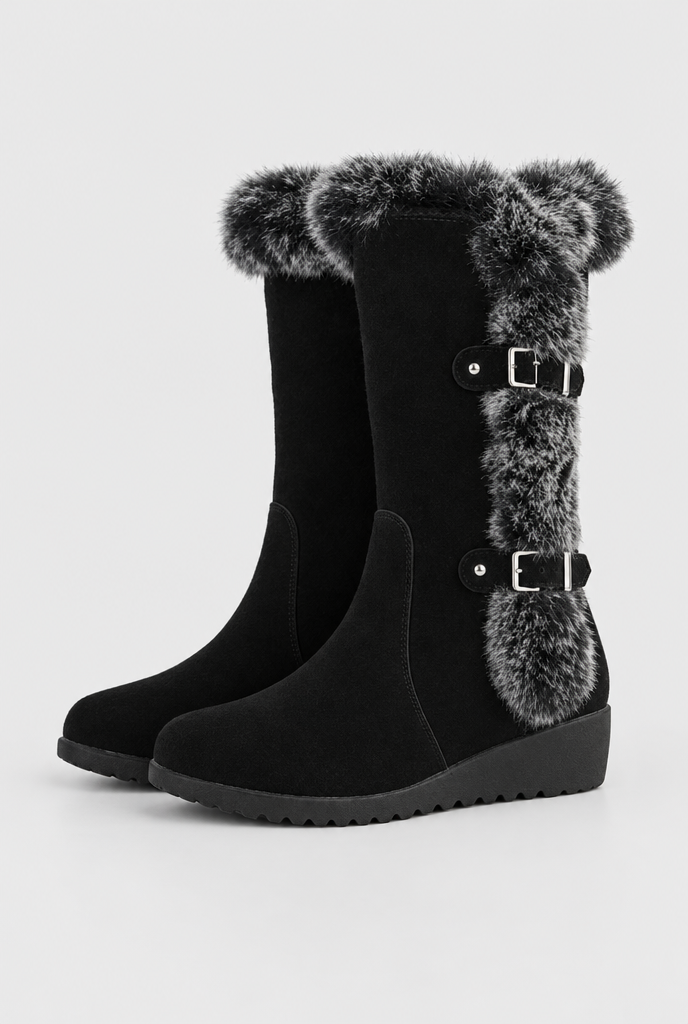 Bottes de neige compensées à boucles et fausse fourrure — Noir — packshot
