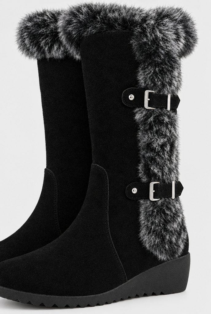 Bottes de neige compensées à boucles et fausse fourrure — Noir — gros plan matière