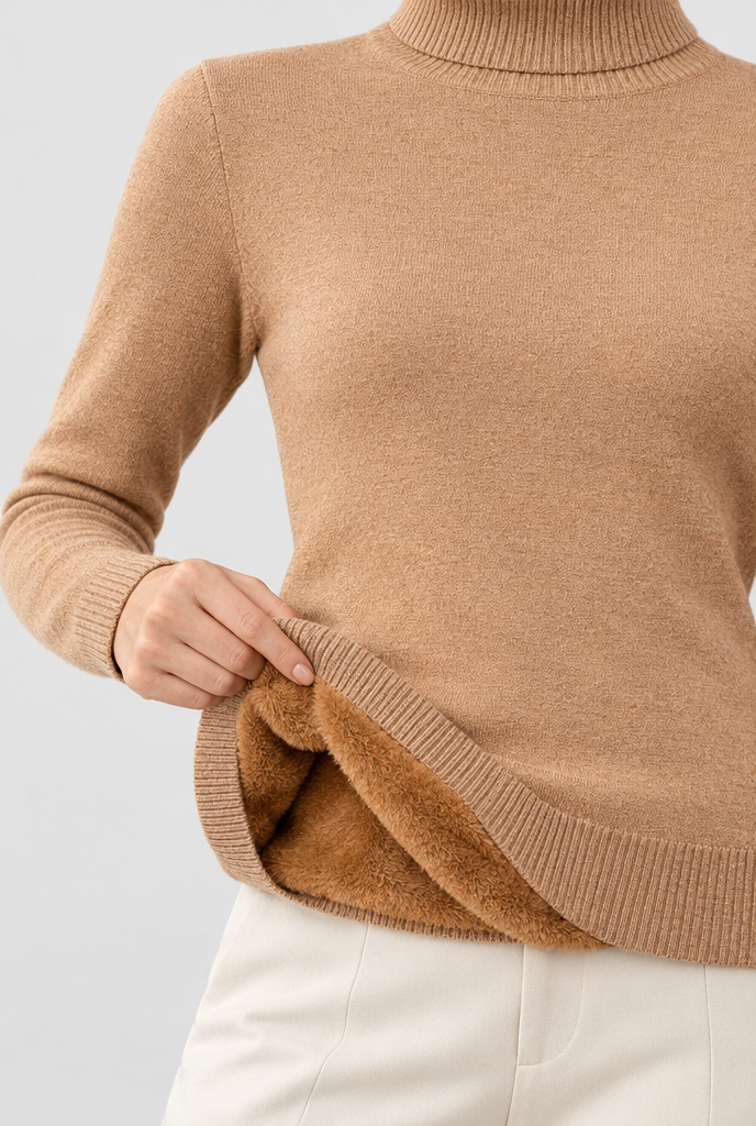 Pull col roulé doublé peluche — Camel — détail