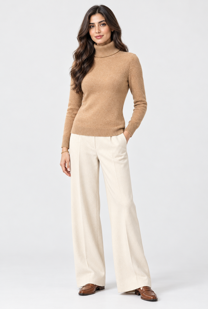 Pull col roulé doublé peluche — Camel — silhouette complète