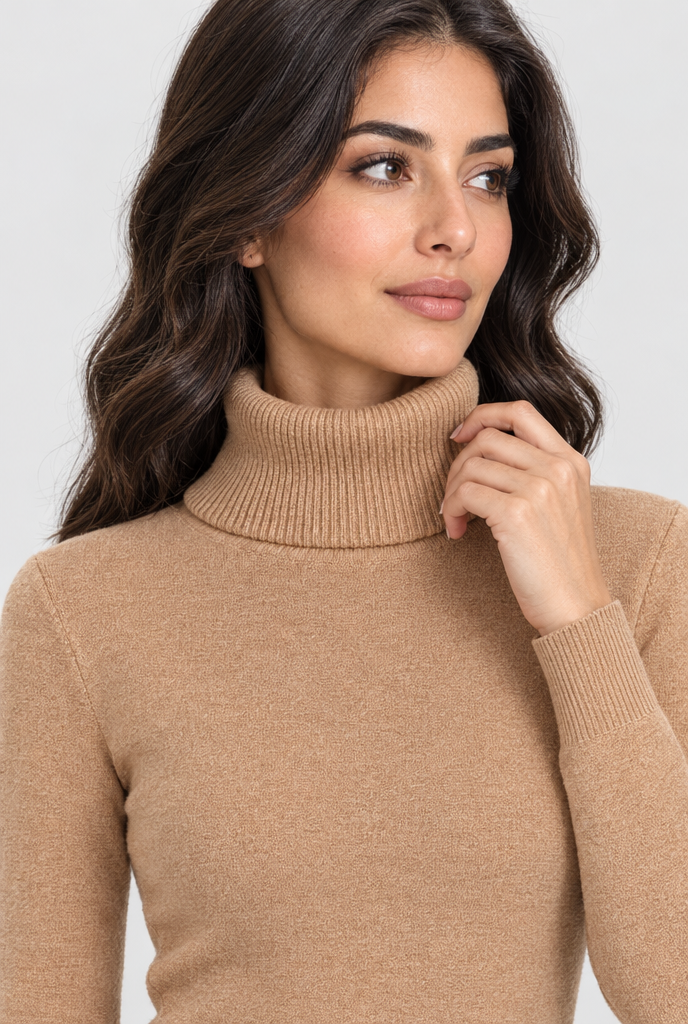 Pull col roulé doublé peluche — Camel — détail du col