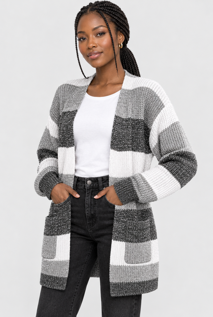 Gilet ouvert en maille à larges rayures colorées — Rayé anthracite — photo studio