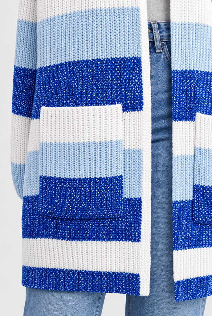 Gilet ouvert en maille à larges rayures colorées — Rayé bleu — détail