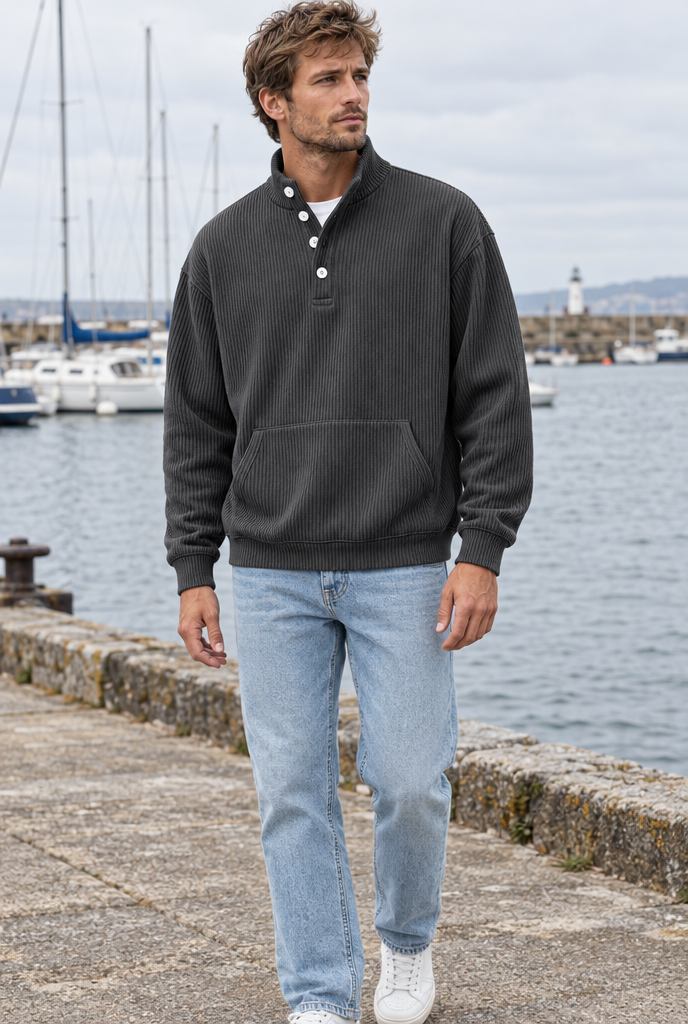 Sweat côtelé col montant boutonné — Anthracite — en situation