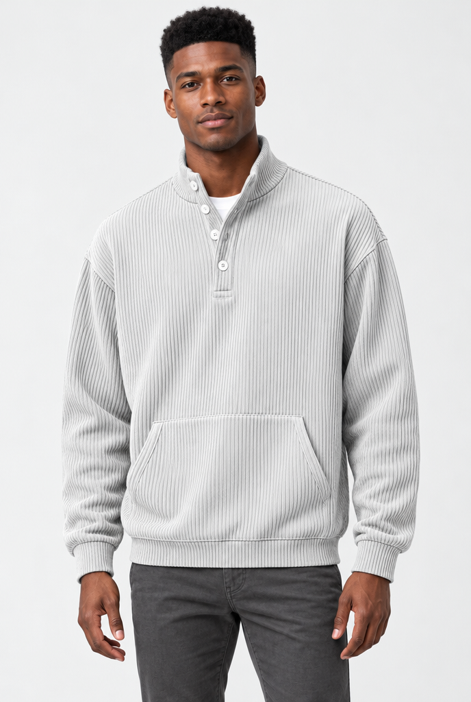 Off-White ribbed button mock-neck sweatshirt, studio hero