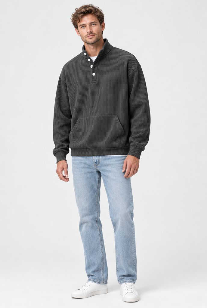 Charcoal ribbed button mock-neck sweatshirt, full body
