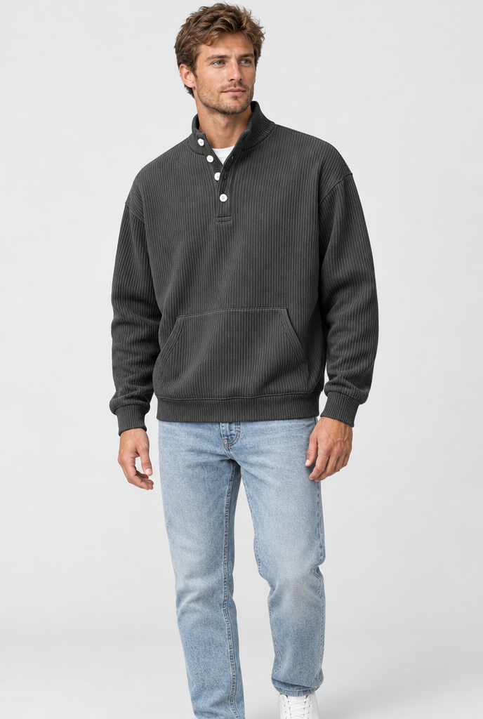 Charcoal ribbed button mock-neck sweatshirt, studio hero